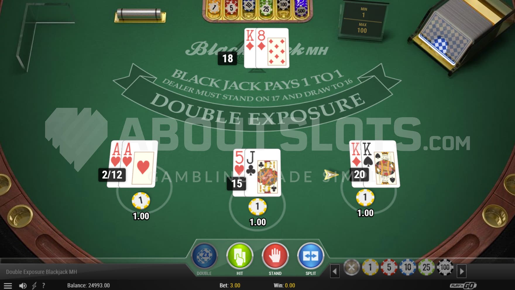 Base Game view of a casino table with 3 hands played simultaneously.