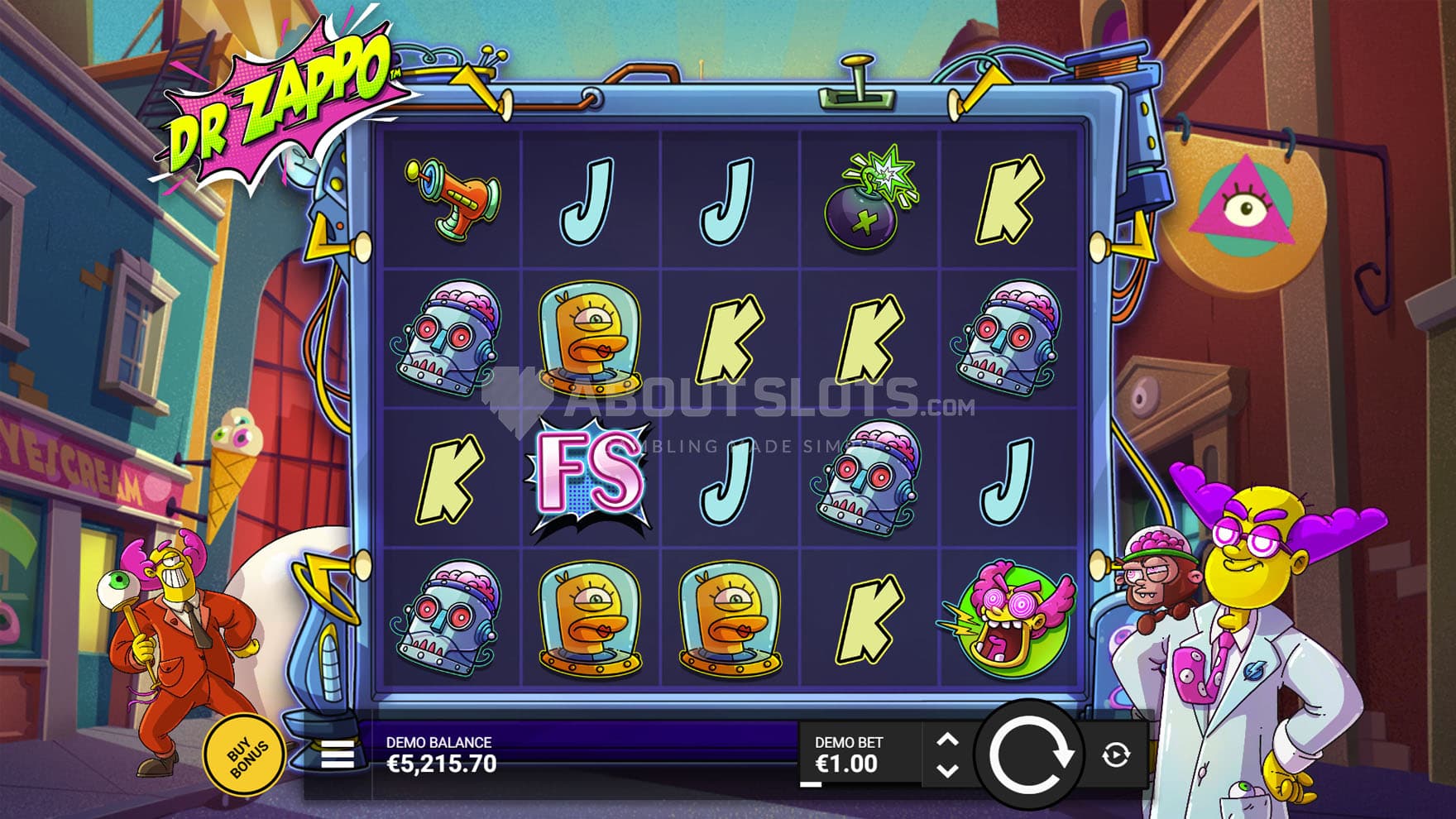 Screenshot of the base game, showing a 5x4 grid on a backdrop of a cartoony city.