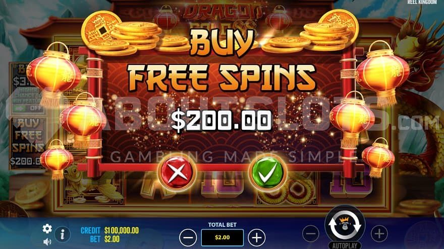 A screen offering the Free Spins for 100X the bet.