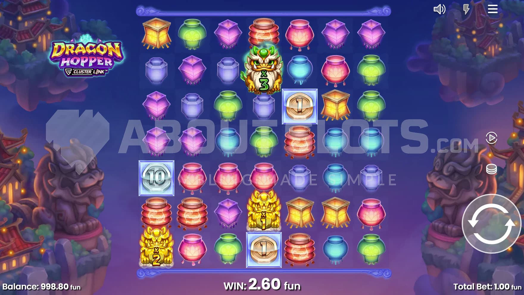 Base game view of a 7x7 grid with a mix of low, high-paying, and special symbols on the reels.