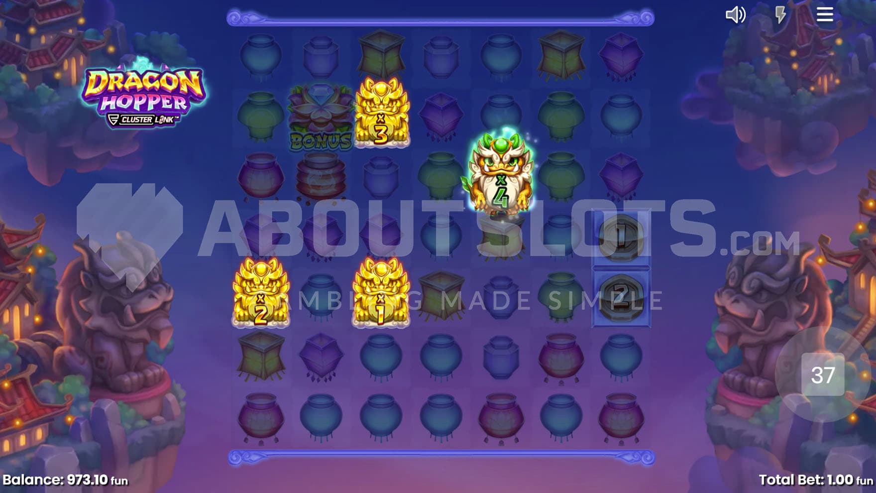 Dragon Feature in progress with 4 positions converted into Wilds with multipliers.