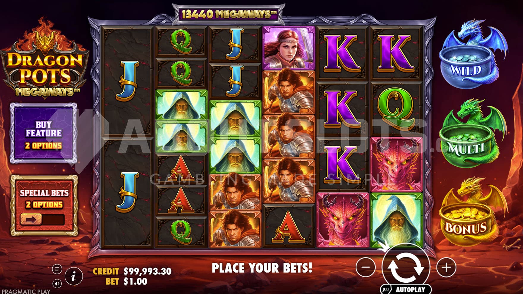 Base Game view of a 6-reel grid on a backdrop of a fiery cavern.