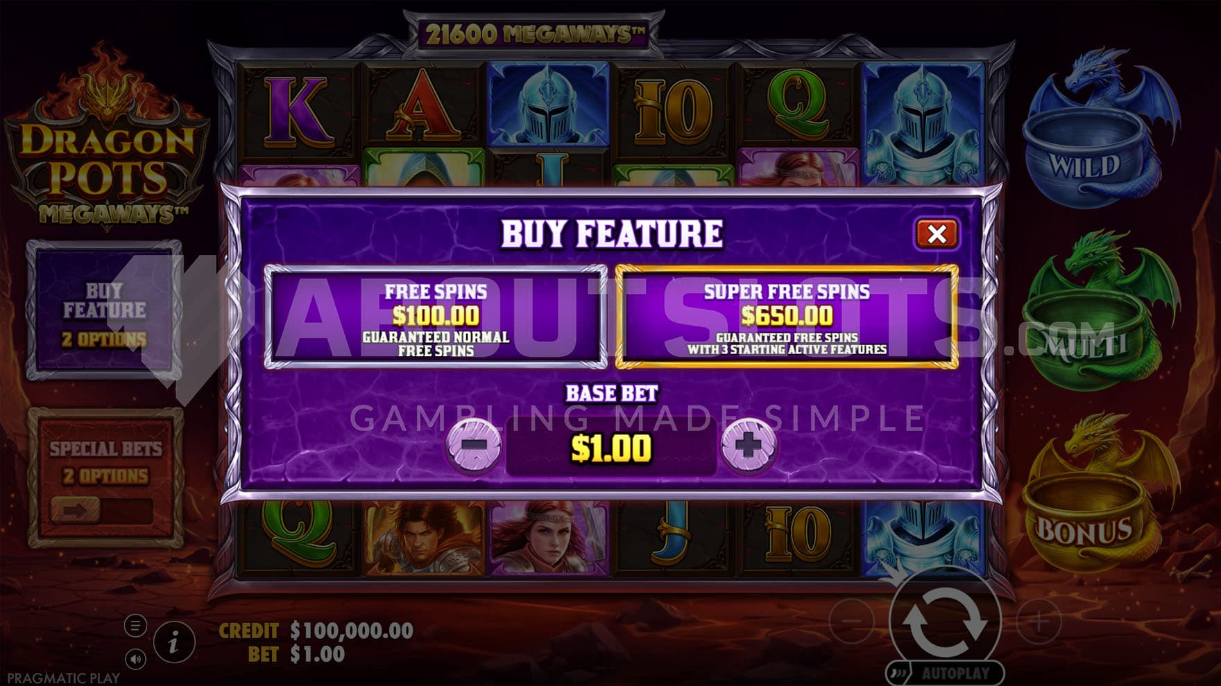 Feature Buy window with 2 options for purchasing access to the bonus round.