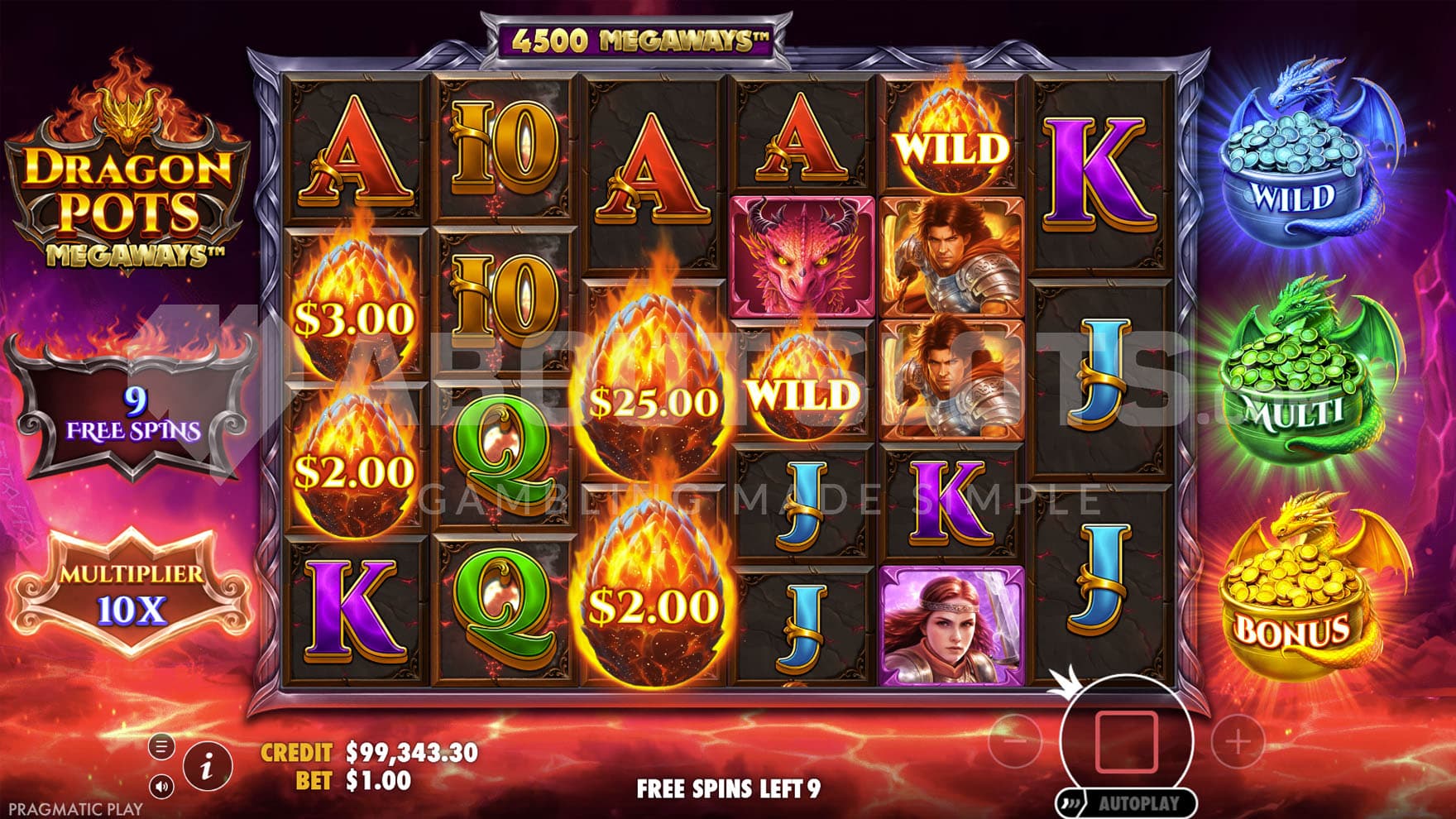 Free Spins bonus in progress with all three upgrades active and multiple cash prizes on the reels.