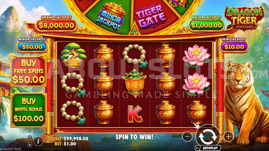 A casino slot with a tiger next to the reels.