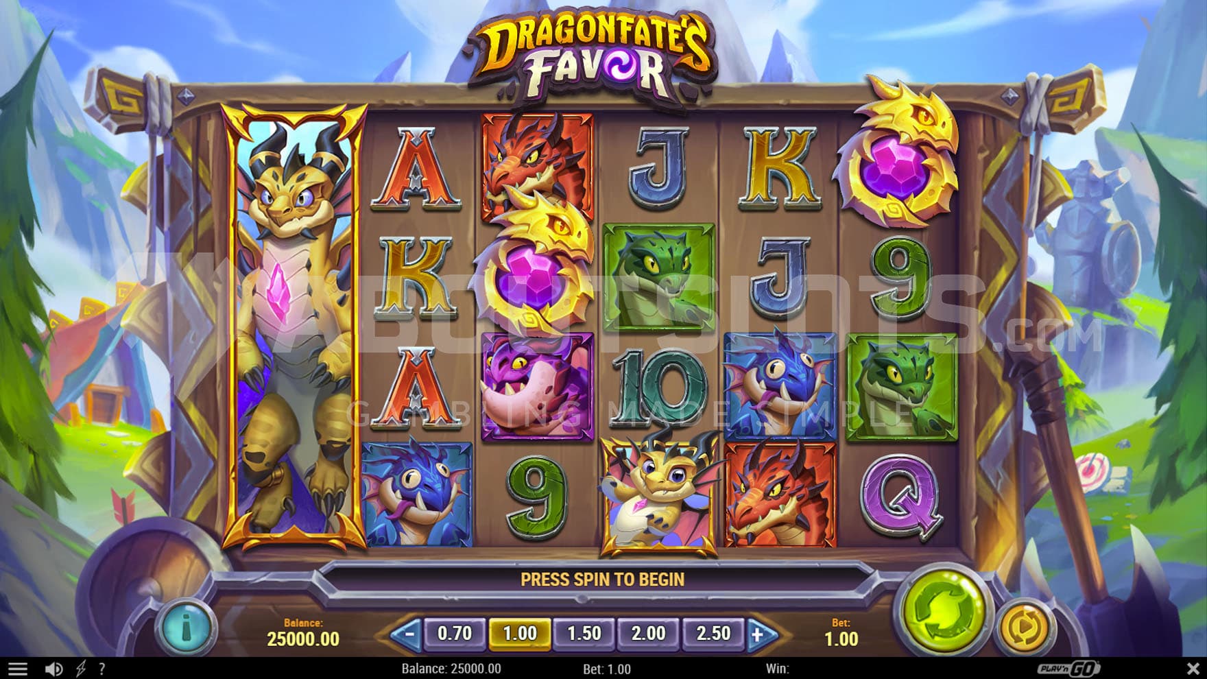 Base Game view of a 6x4 grid on a colorful backdrop of a fantasy land showing green hills and mountains.