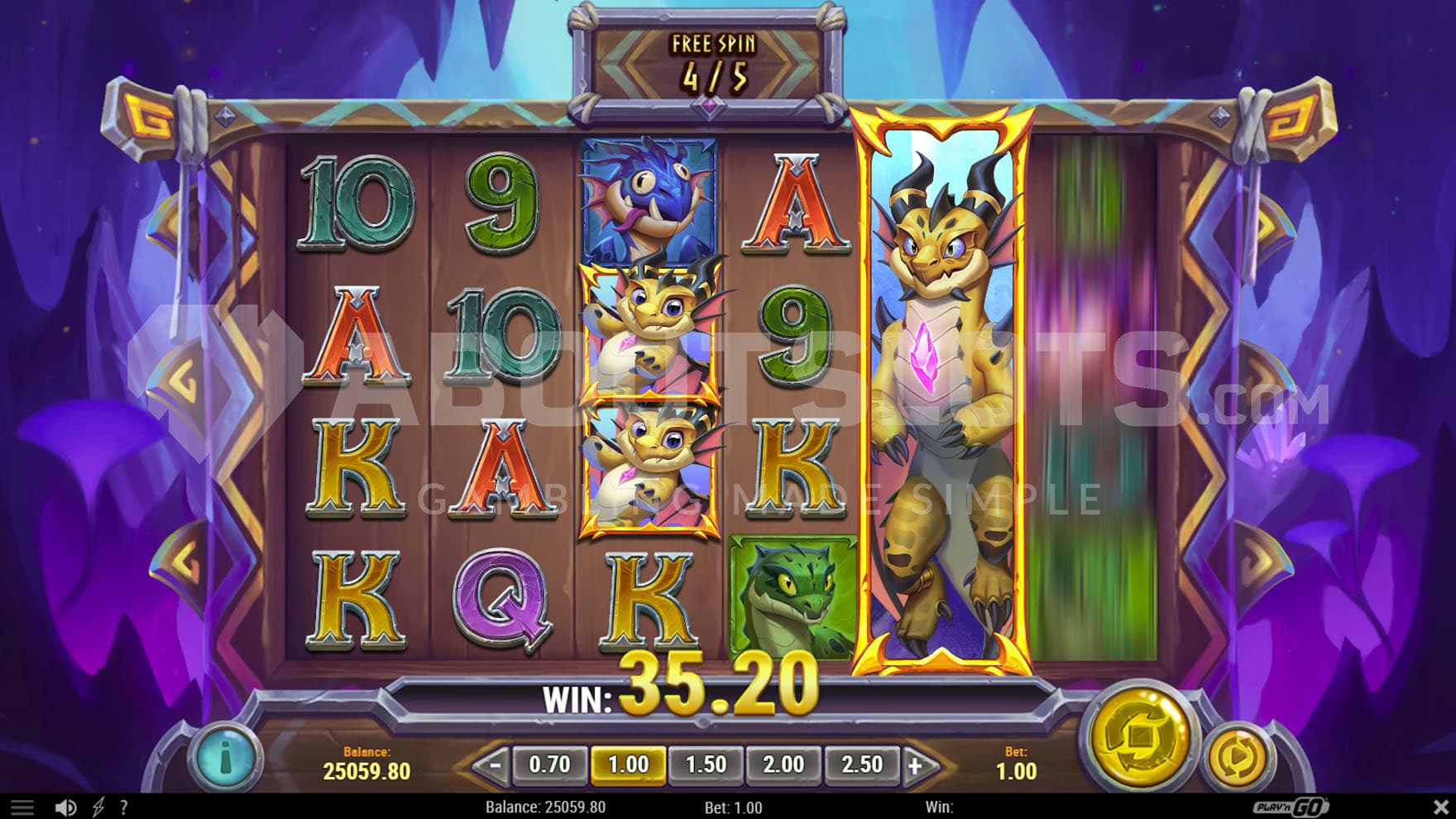 Free Spins bonus in progress, with a stacked 4x1 Wild on reel 5 and two sticky Wilds on reel 3.