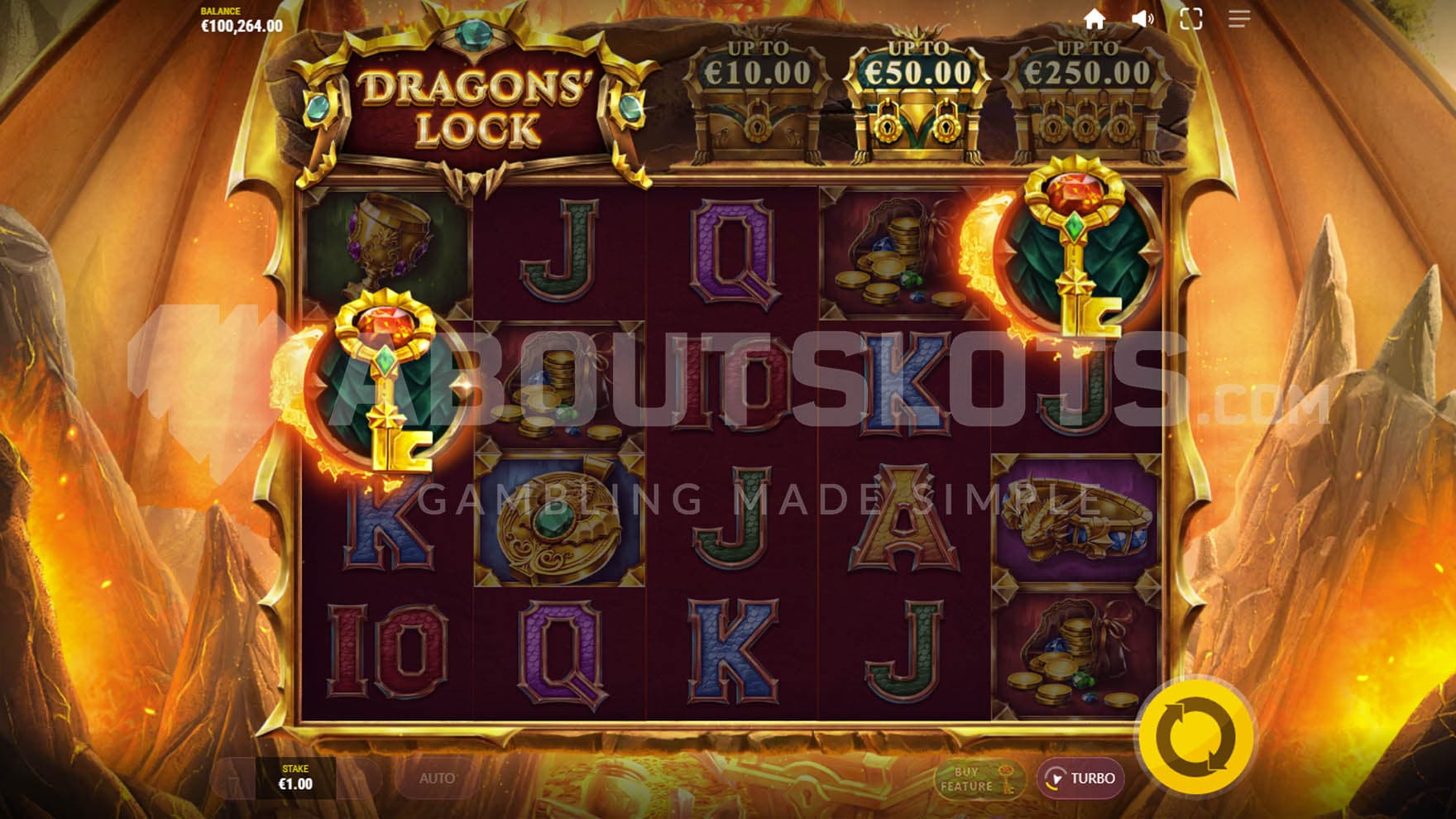 Dragon Chest feature triggered in the base game where 2 keys land on reels 1 and 5 and open the middle chest.