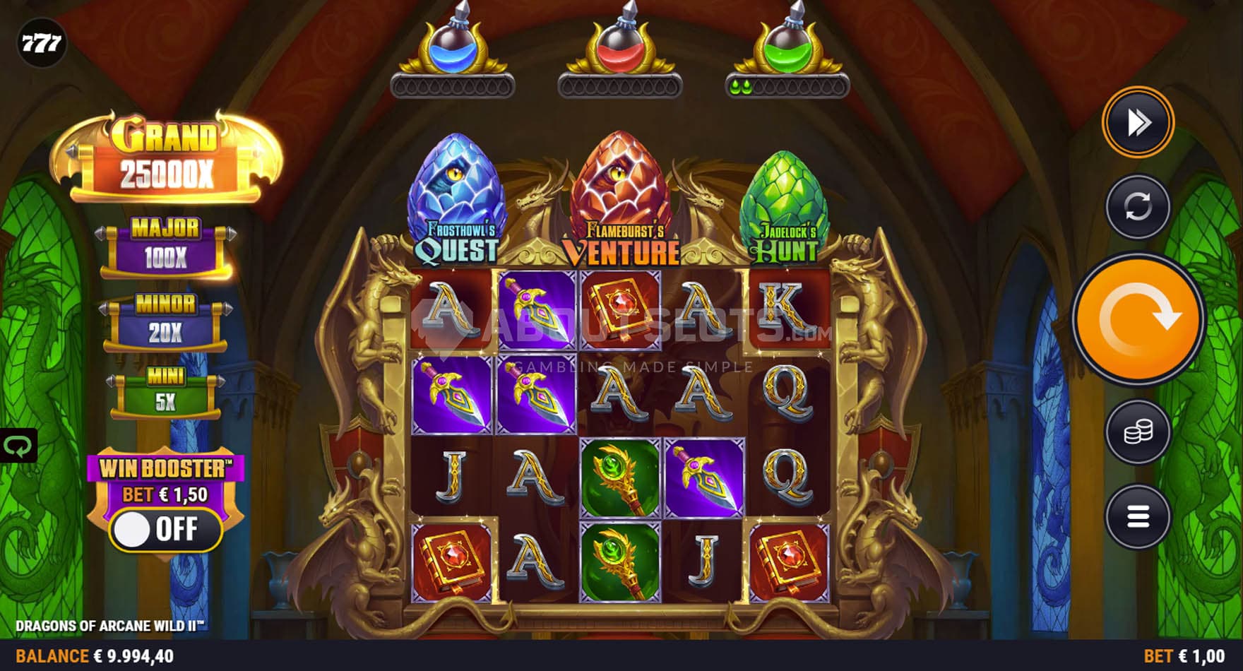 Screenshot of the base game, with a 5x4 grid set inside a fantasy cathedral.