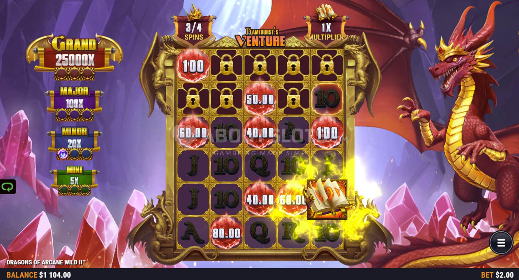 Screenshot of the bonus game in progress, showing multiple cash symbols locked on the grid.