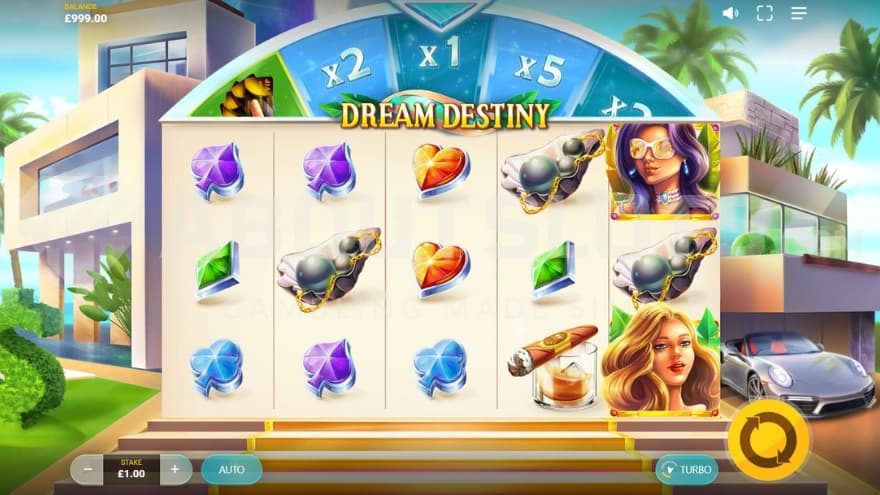 A casino slot in front of a luxury house.