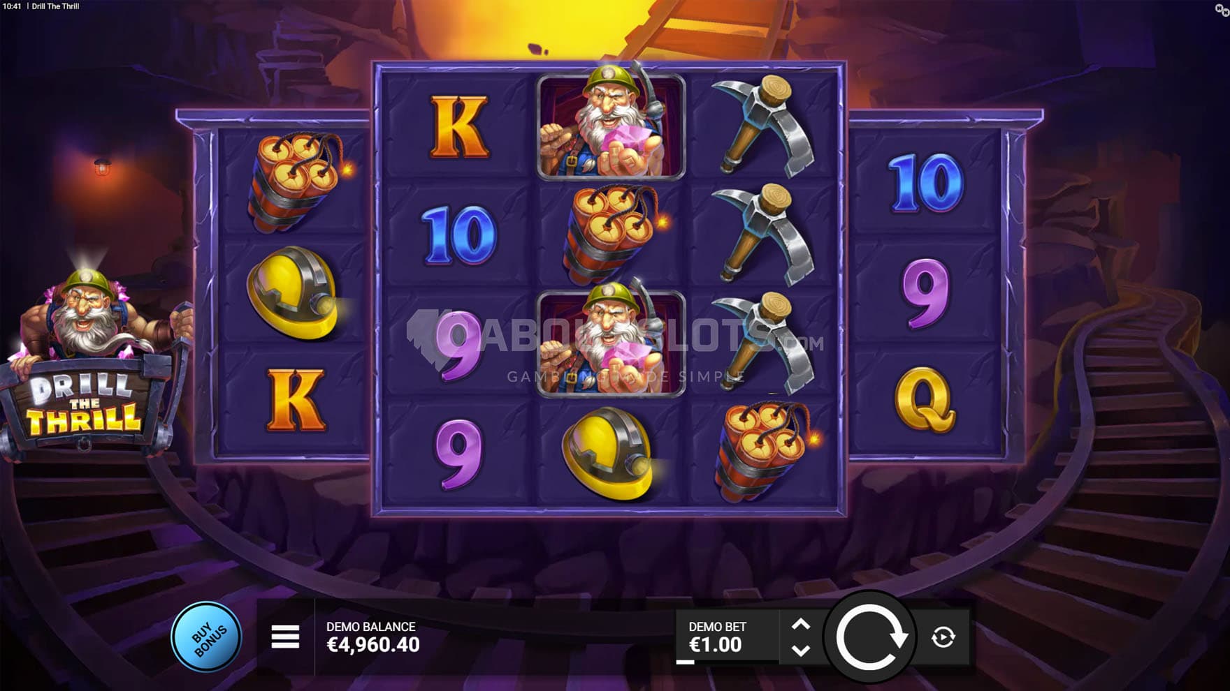 Screenshot of the base game, with a 5-reel grid set against a backdrop depicting inside of a mine.