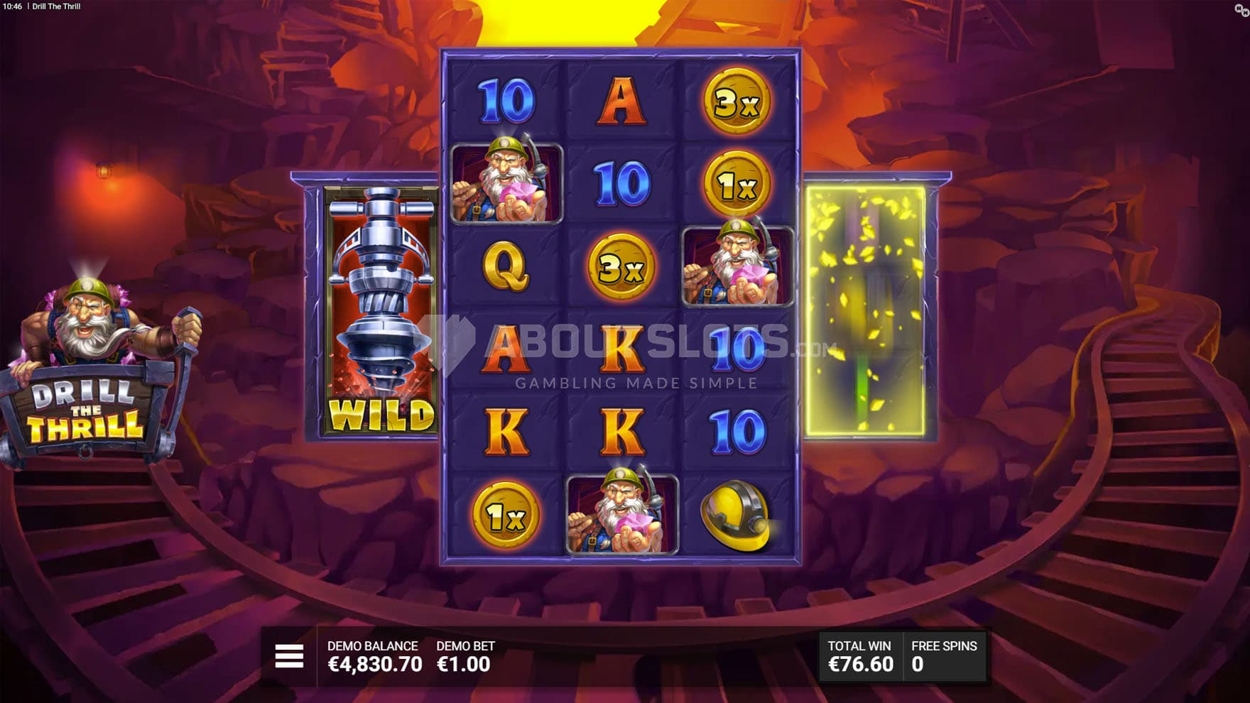 Screenshot of the Free Spins bonus, with the first reel fully occupied by the a Silver Drill.