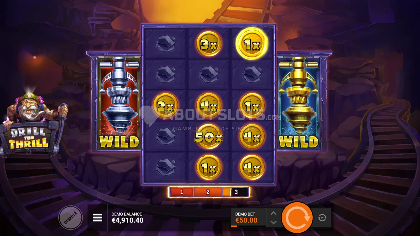 Screenshot of the Hold & Win feature triggered in the base game with a Silver and Gold Drills on reels 1 and 5.