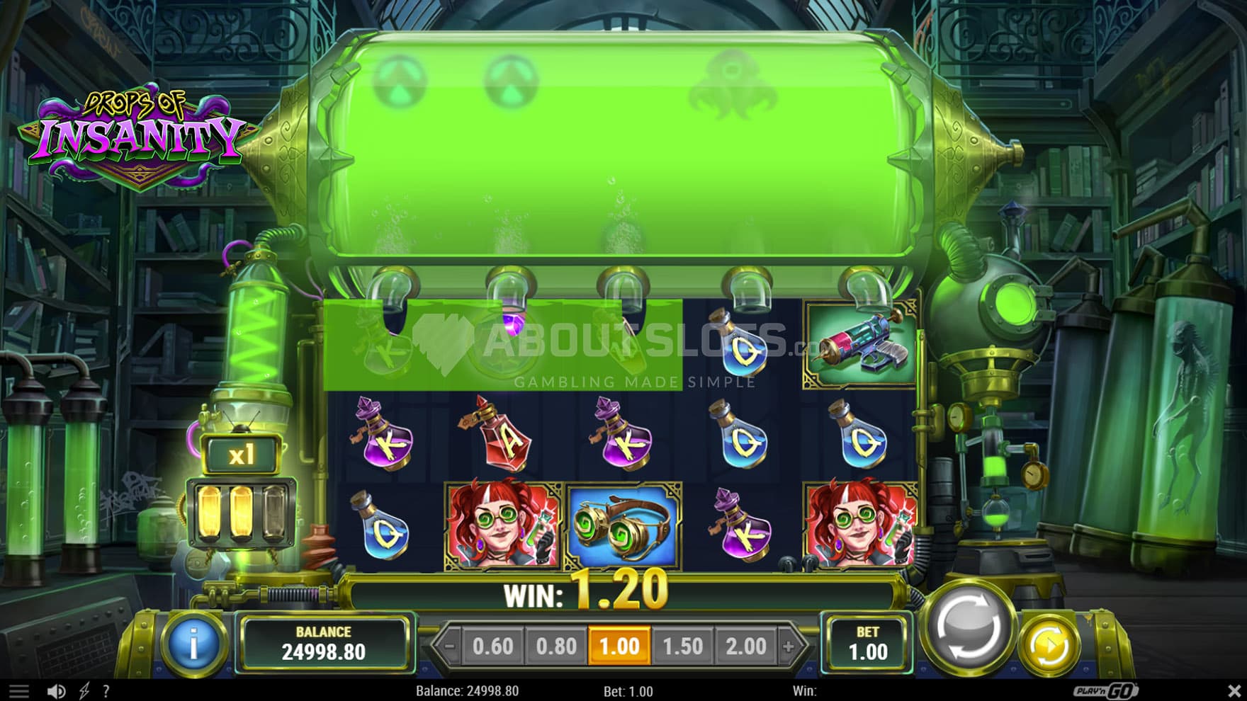 Screenshot of the base game, showing a 5x3 grid on a backdrop of a Gothic science lab.