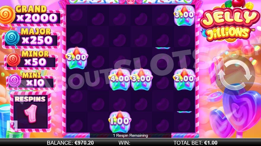 Six Scatter Symbols, with a value of 15X the bet, on the reels in the Respins.