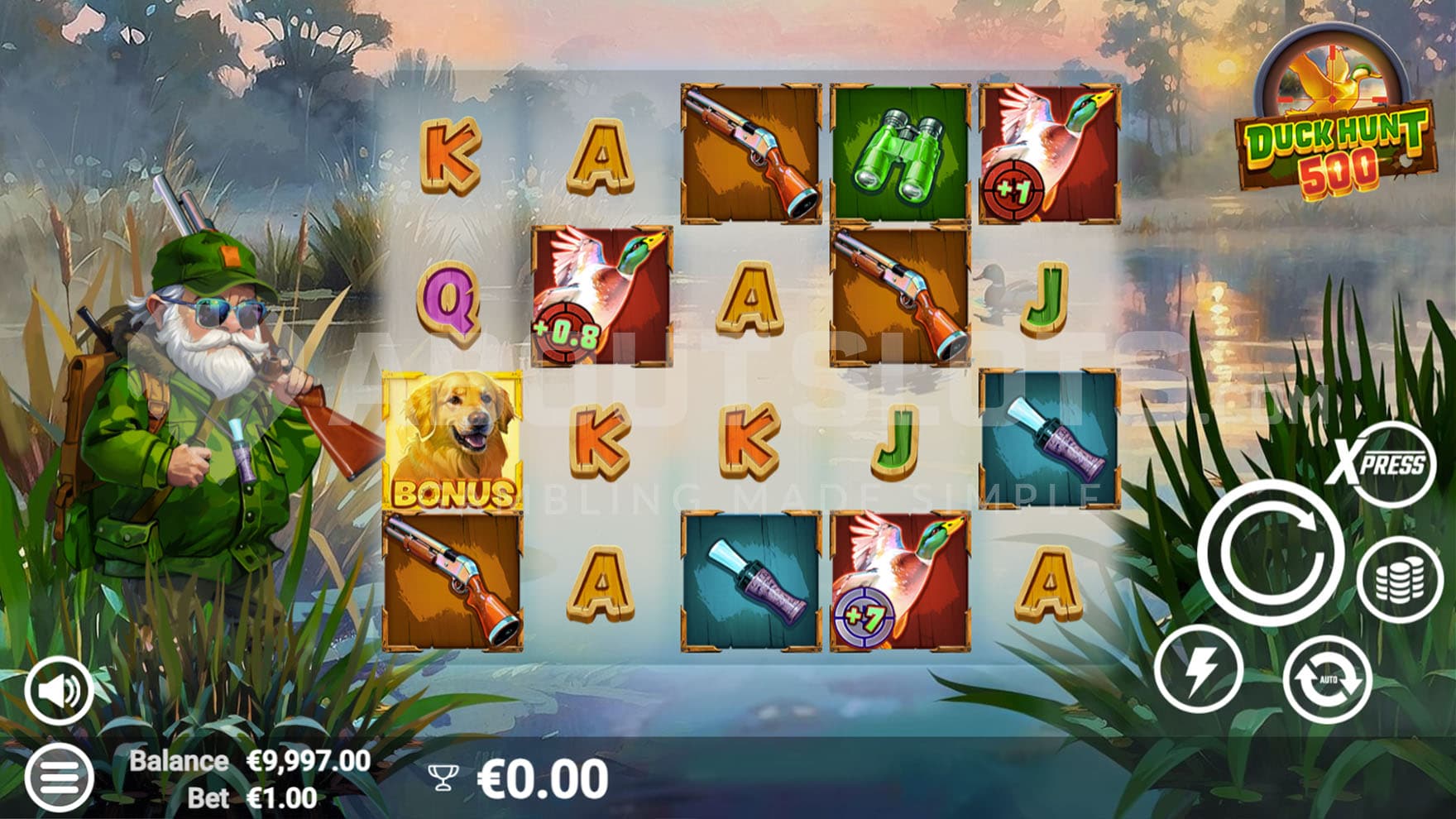 Base Game view of a 5x4 grid on a backdrop of a lake covered in fog, with a hunter standing on the left.