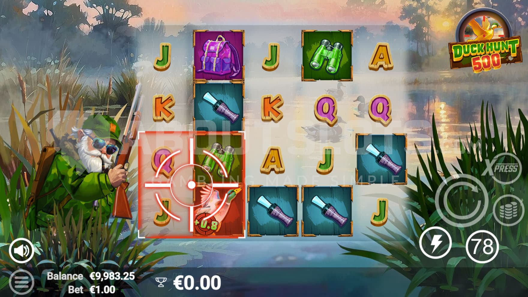 The Hunter's Shot feature triggered in the base game, covering a 2x2 zone and scoring one cash duck symbol.