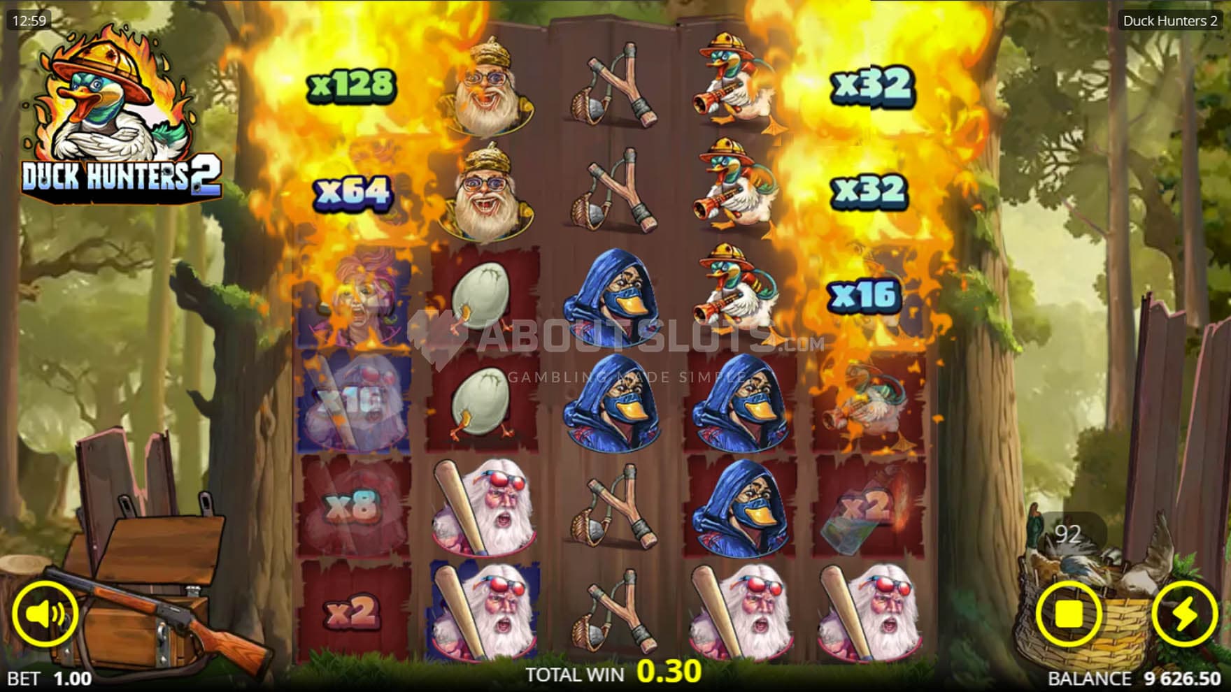 Screenshot of the Bomb feature triggered on the first and last reel in the base game.