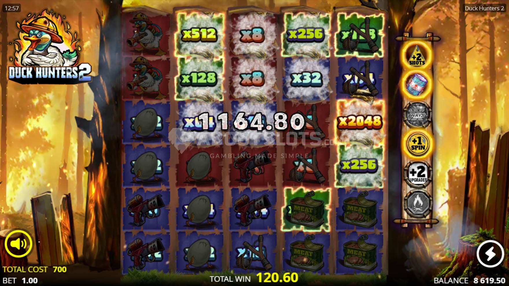 Screenshot of the bonus game in progress, showing a win utilising several high multipliers.