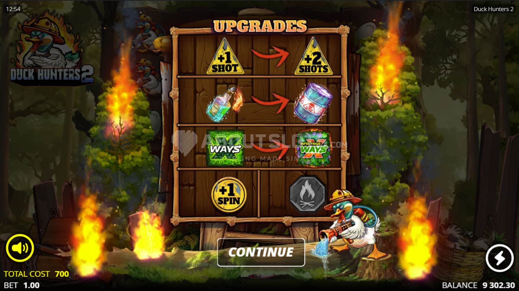 Screenshot of the Upgrades screen before the bonus round.