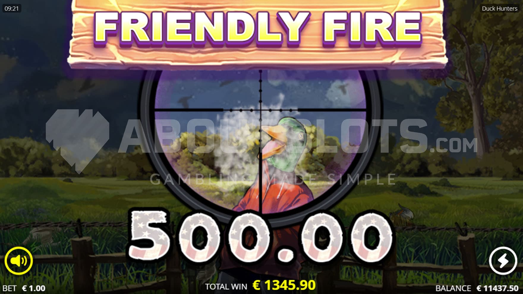 Big Win celebration screen showing a scope crosshair aiming at a duck.