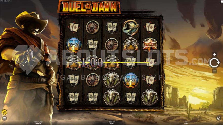 Base game with a cowboy standing at the left of the reels.