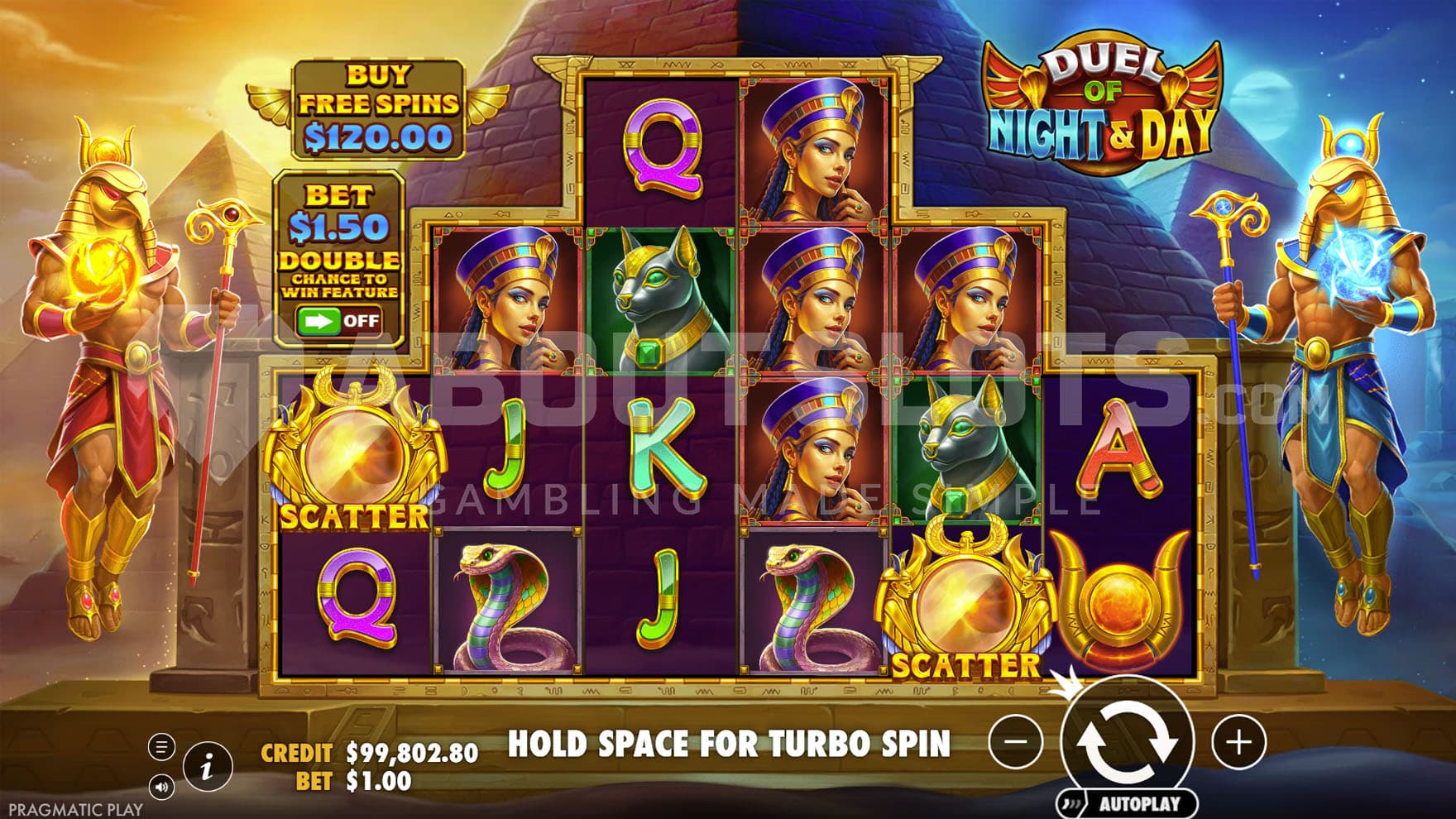 Base Game view of a 6-reel grid with two Egyptian gods levitating on either sides of it, on a backdrop of a row of pyramids.