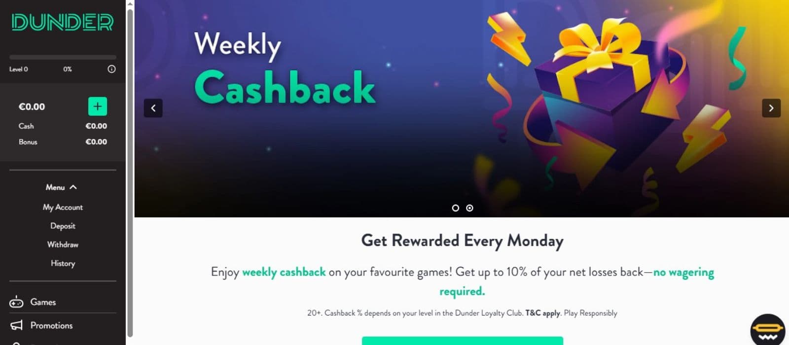 Dunder Casino's homepage, showing the weekly cashback and sidebar menu.