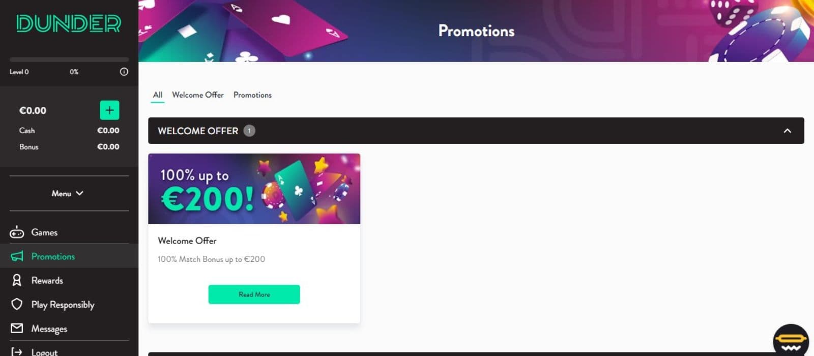 Dunder Casino's promotions page, showing the welcome bonus worth 100% up to €200.