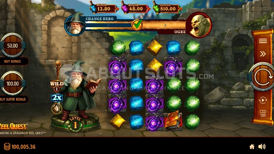 A casino slot with a magician to the left of the reels.