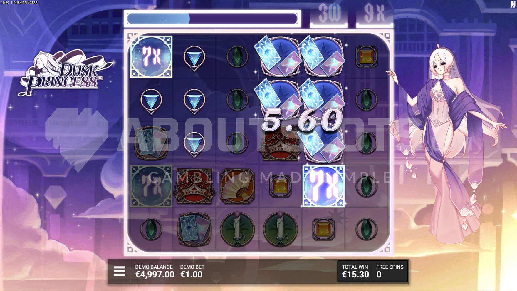 The Dusk Court bonus in progress, showing two multiplier Wilds placed on the grid.