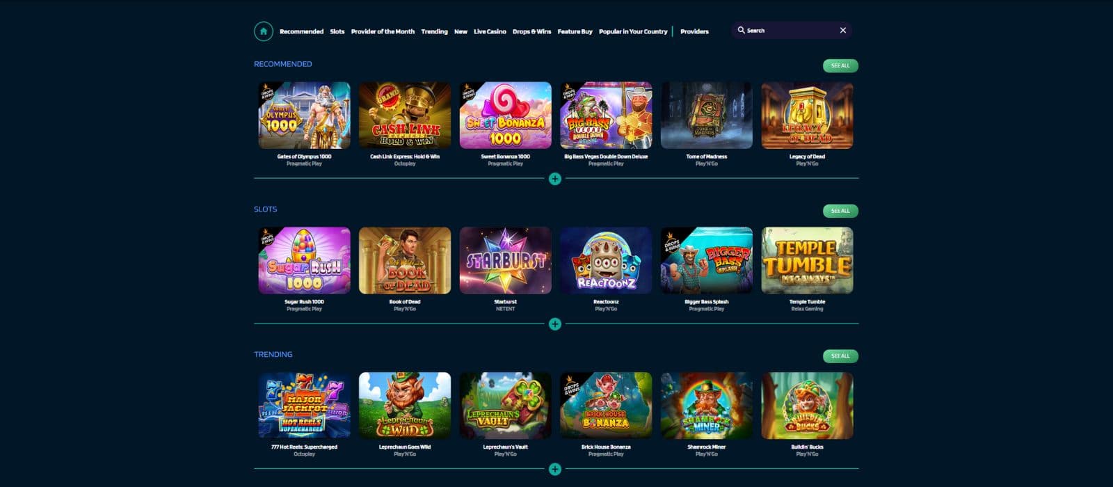 DynaBet Casino games page showing a variation of different slots in different categories