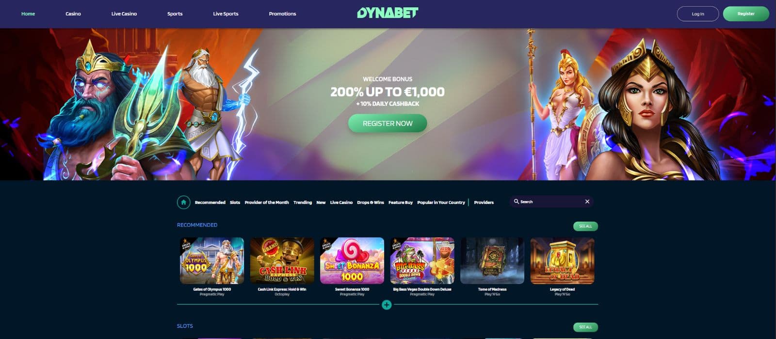 DynaBet Casino landing page showing the casino welcome bonus offer, a few selected games, and the main menu on top