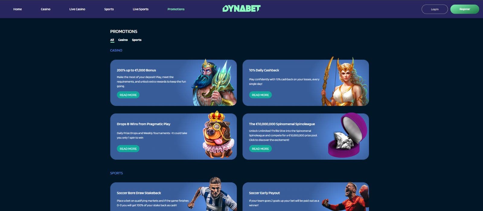DynaBet Casino promotions page showing the different bonuses and promotions for casino and sporsbetting