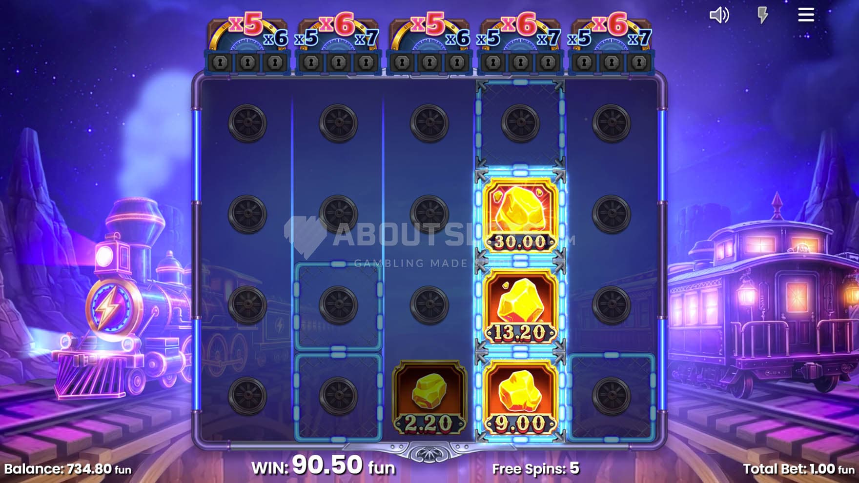 Screenshot of the Free Spins bonus in progress, showing several cash symbols activated by Gold Collectors.