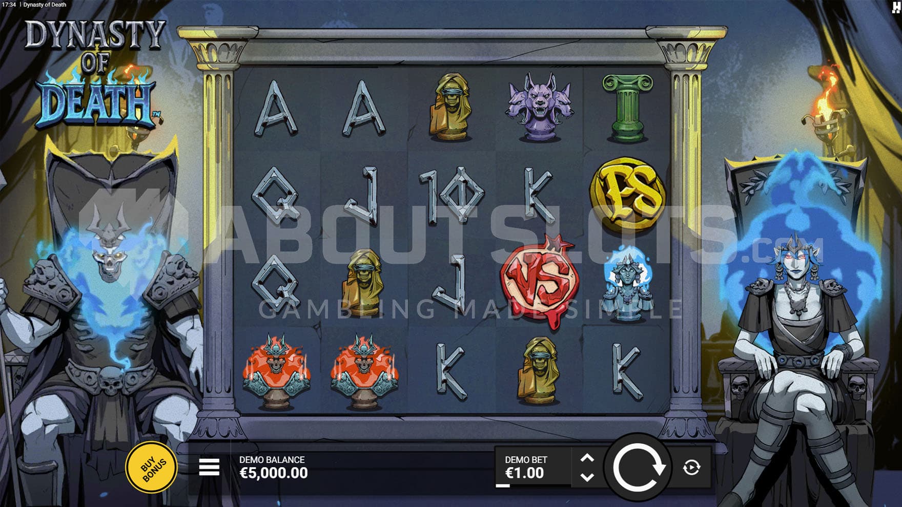 Base Game view of a 5x4 grid on a backdrop of a throne room with Hades and Persephone sitting on both sides.