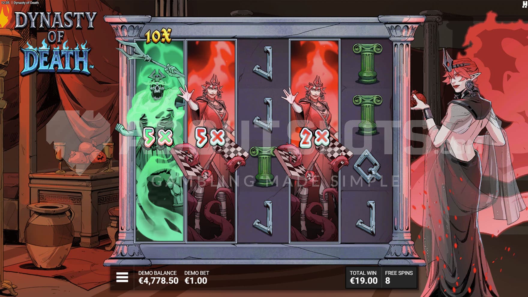 Queen's Dominion Bonus in progress, showing three DuelReels on the grid, one of which has an instant prize of 10x attached.