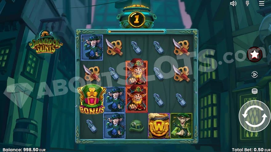 A casino slot with weapons and leprechaun gangsters on the reels.