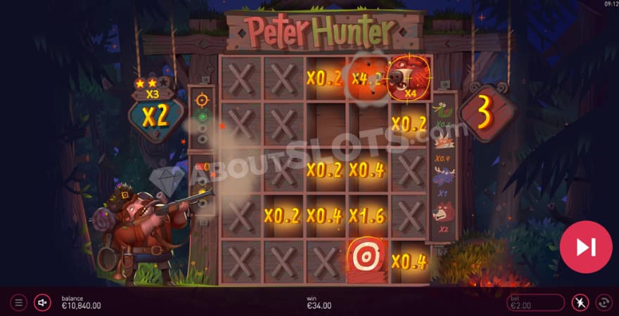 Free Spins bonus game with Peter shooting a bear symbol.