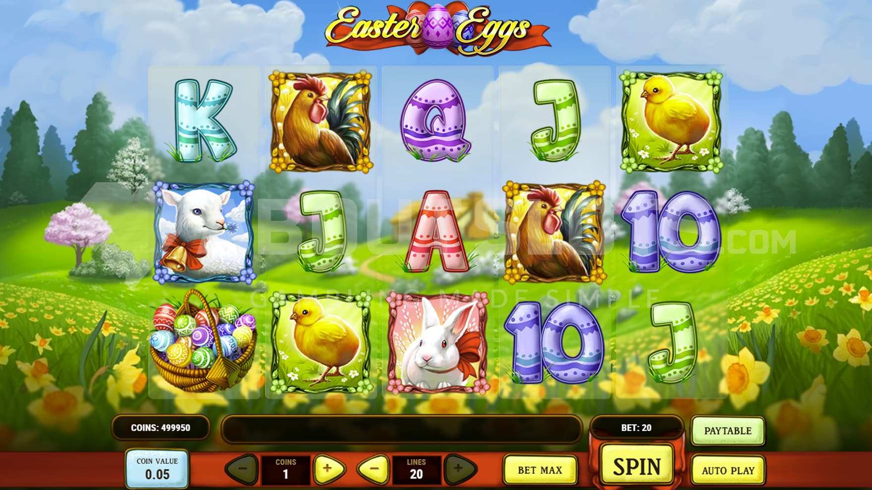 Base Game view of a 5x3 grid on a backdrop of a lush meadow.