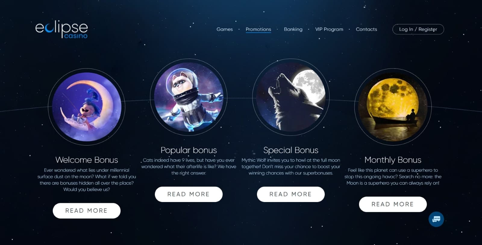 Eclipse Casino promotions page featuring the welcome bonus, popular, special and monthly bonus