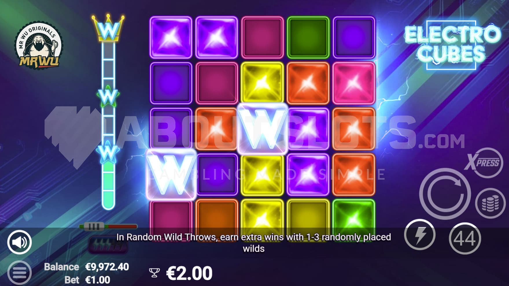 Electro Wild Throw triggered in the base game, adding 2 Wilds in random positions on the grid.