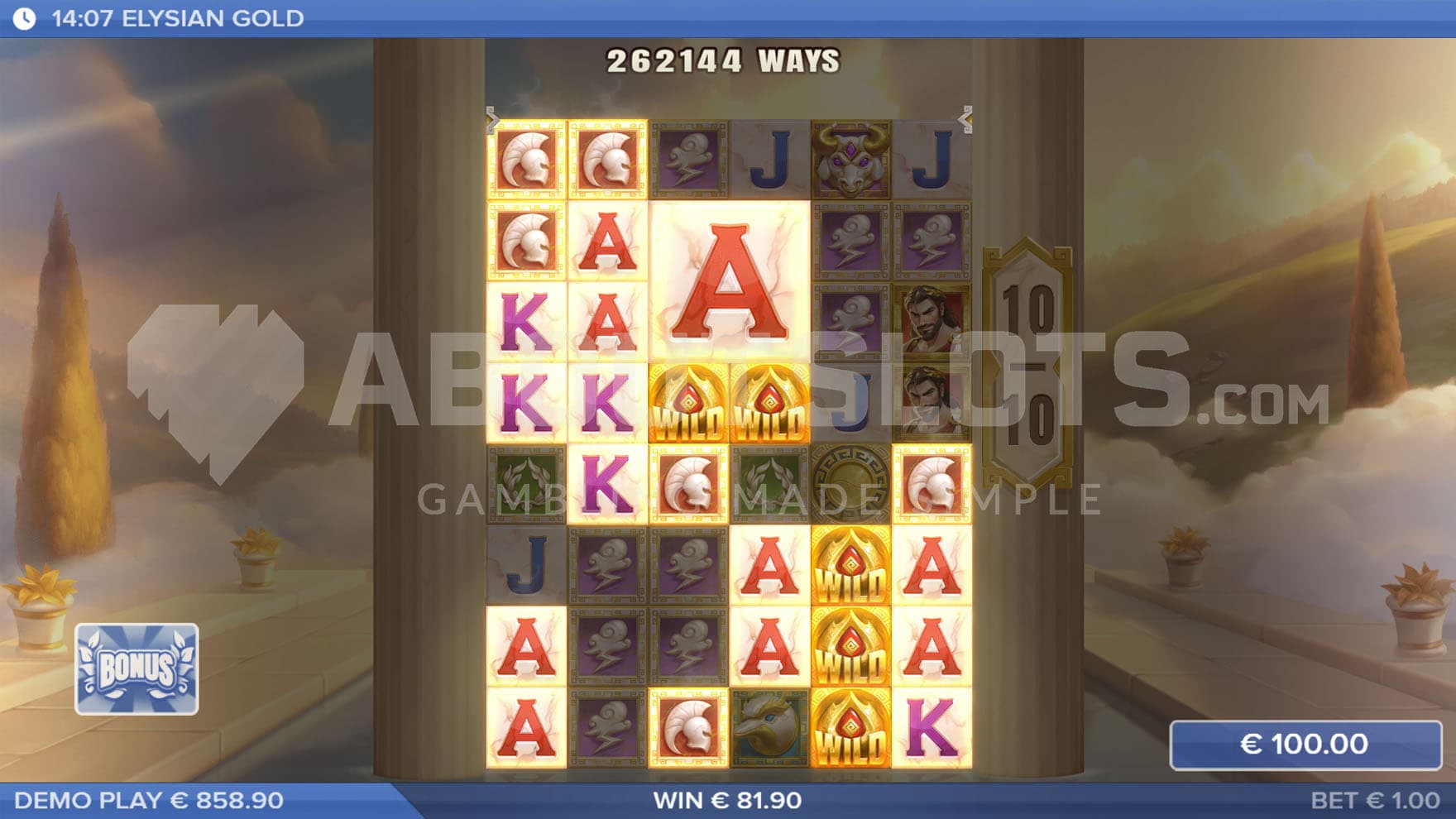 Bonus Game in progress, showing a fully expanded grid and a big win with multiple Wild symbols.