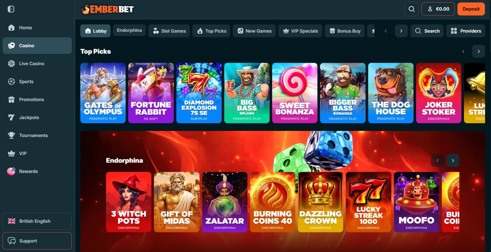 EmberBet Casino games page featuring top picks of slots and table games icons, with sorting categories and left side menu
