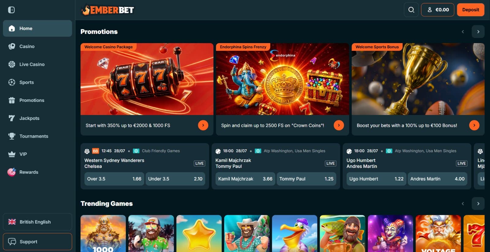 Emberbet Casino landing page featuring bonus carousel, latest sports events, and trending slot section