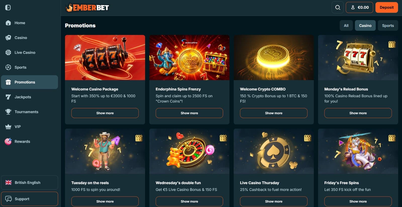 EmberBet Casino promotions page featuring the casino welcome bonuses, crypto bonuses and reload bonuses with respective image banners