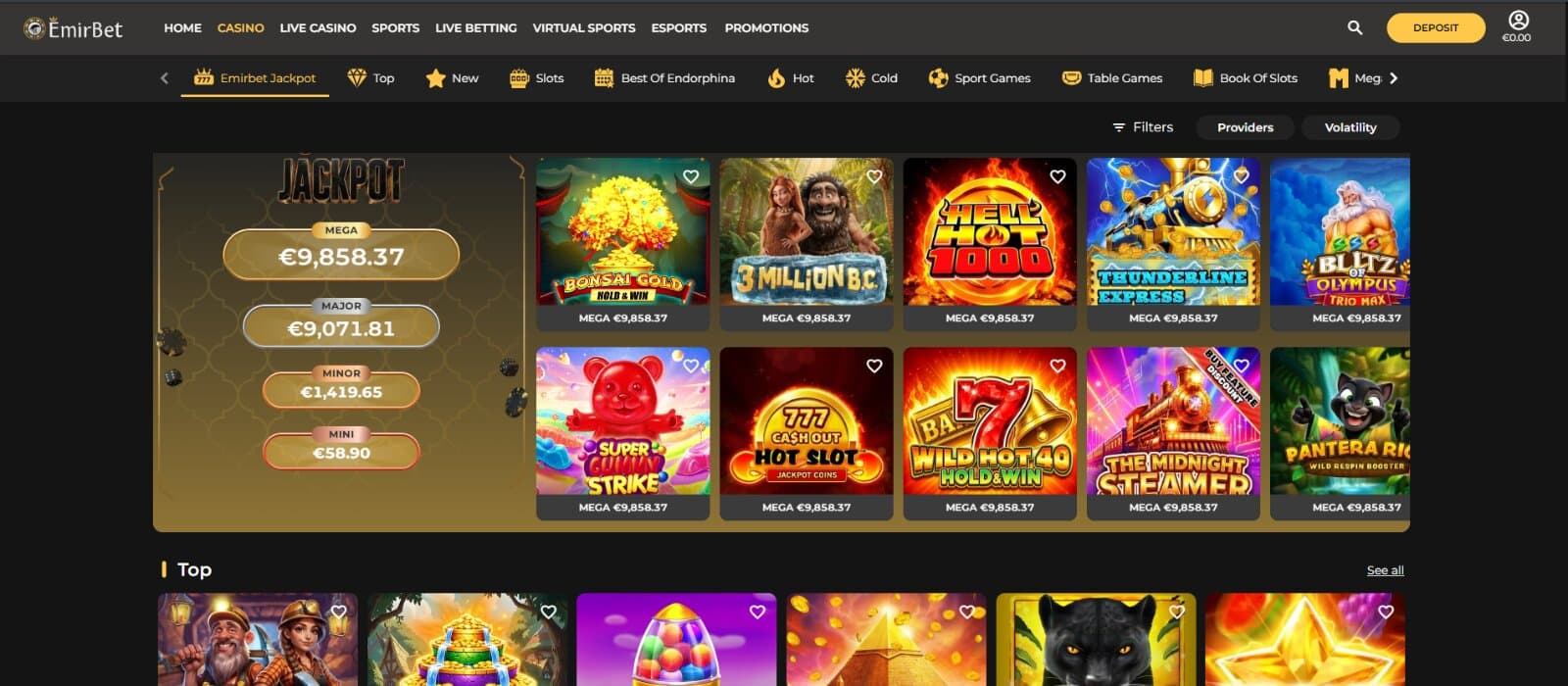 EmirBet Casino games page featuring the game icons for slots, table, jackpot games