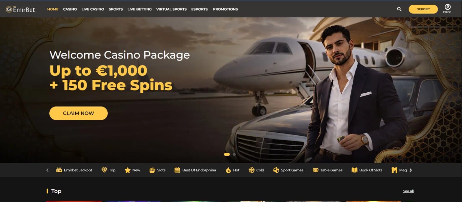 EmirBet Casino landing page featuring the welcome casino package with banner image of plane and man, casino tab buttons, and top selected games