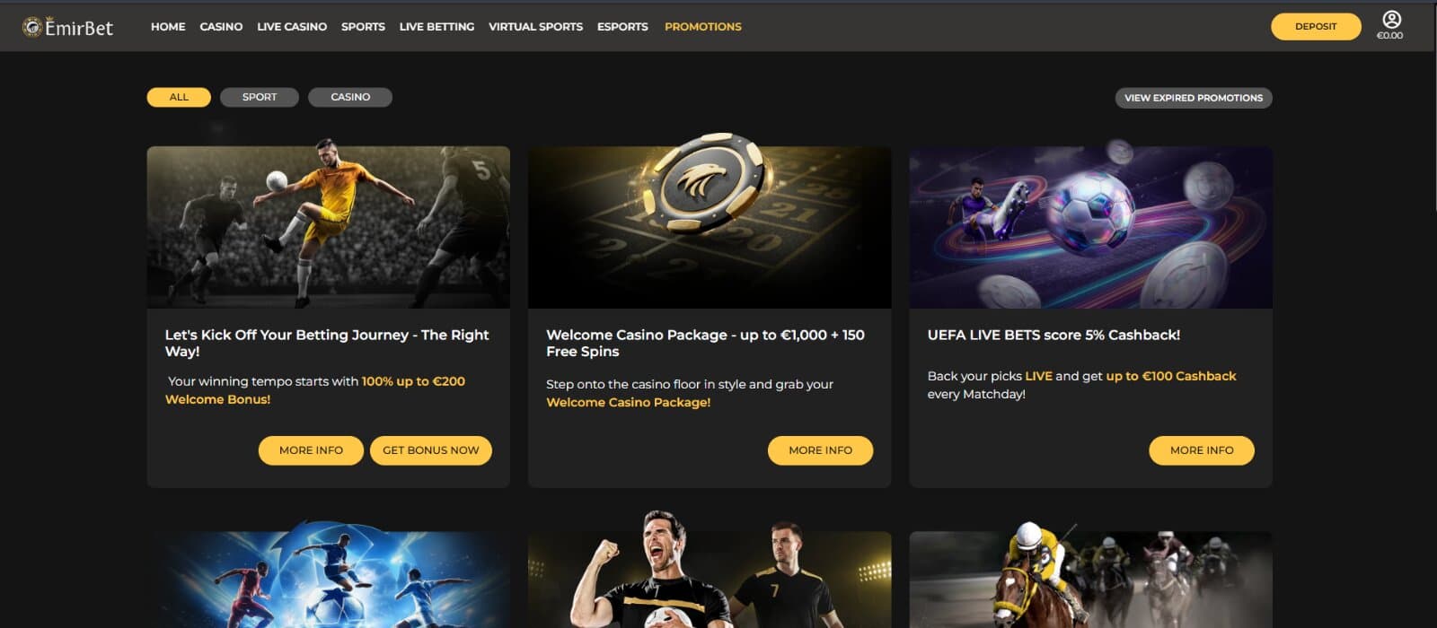 EmirBet Casino Promotions Page displaying the welcome casino package, reload bonus, and sports bonus offers